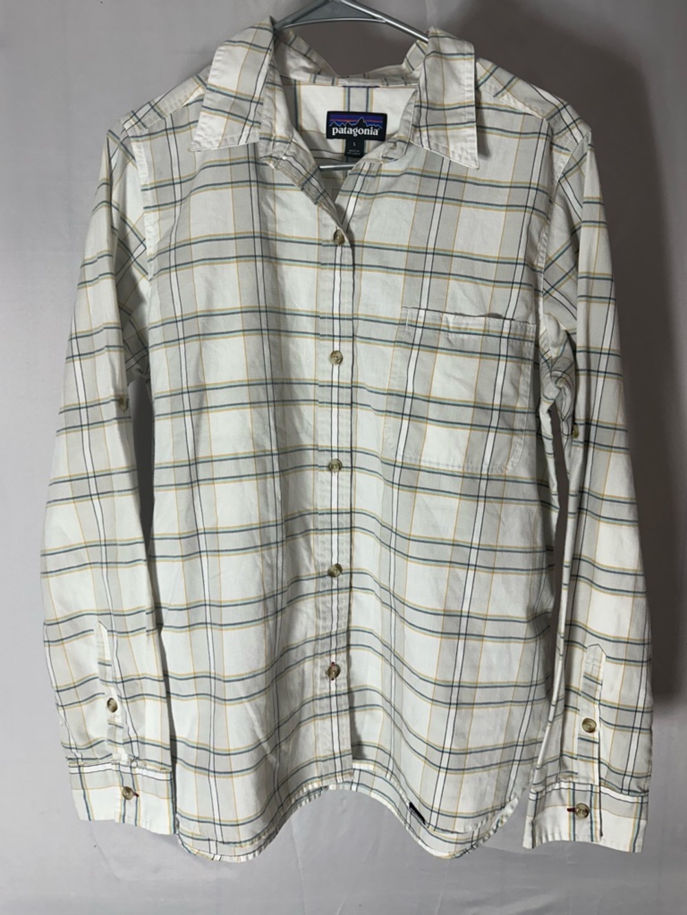 ⭐️5/25⭐️Patagonia Men's Cream Plaid Button-Down Shirt with Green and Tan Stripes